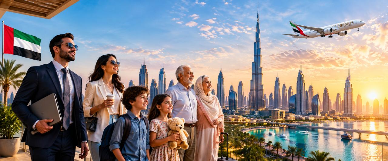 A family with grandparents and children looking out over the Dubai skyline at sunset
